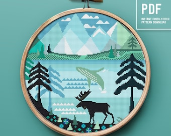 Alaska Modern Cross Stitch Pattern, Mountain Forest Animal National Park Landscape Embroidery Design Instant download PDF hoop art xstitch