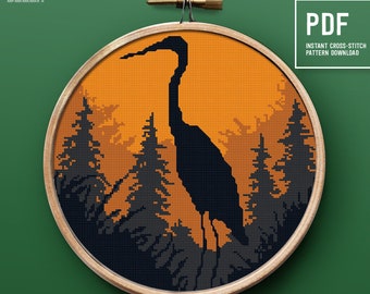 Easy Modern Cross Stitch Pattern, Crane Bird counted cross stitch chart, Embroidery design, Home decor, Instant download PDF xstitch