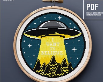 I want to believe - Cross Stitch Pattern, UFO theme, DIY Home decor, Instant download PDF chart