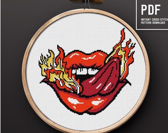 Rock and Roll Cross Stitch Pattern, Red lips in fire, Easy Embroidery pattern, Instant download PDF pattern, home decor