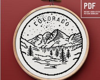 Colorado landscape cross stitch pattern, Easy cross stitch pattern, Mountain theme embroidery, counted cross stitch, Home decor, PDF pattern