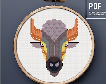 Buffalo animal cross stitch pattern, modern xstitch chart, embroidery pattern, home decor, easy counted cross stitch, instant download PDF