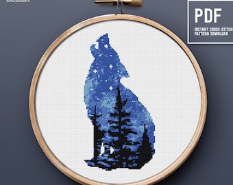 Patrón de punto de cruz de silueta de lobo, noche estrellada, patrón de bordado de animales del bosque, decoración del hogar, descarga instantánea de gráfico xstitch PDF