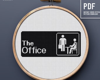 May include: A black and white cross-stitch pattern of the "The Office" logo with the text "The Office" and an image of two stick figures. The pattern is designed for Aida 16 count fabric and requires 2 colours. The pattern is 115 stitches wide and 49 stitches high. An 8 inch hoop is recommended.