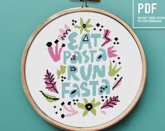 Easy Modern Cross Stitch Pattern, funny text - Eat Pasta Run Fasta, counted cross stitch design, Embroidery pattern PDF cross-stitch