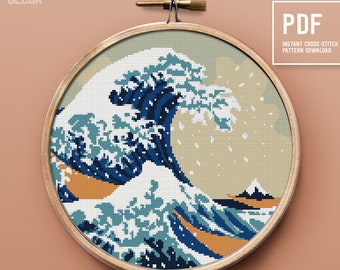 Great Wave Cross Stitch Pattern, modern cross stitch design, The Great Wave off Kanagawa inspired Embroidery pattern, Instant download PDF