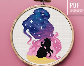 Princess silhouette cross stitch pattern, Beauty & Beast, Silhouette Embroidery design, cross-stitch for kids, Instant download PDF chart