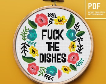 Subversive Cross Stitch Pattern, Funny cross stitch, Flower border, Embroidery pattern, Instant download PDF pattern, wall home decor