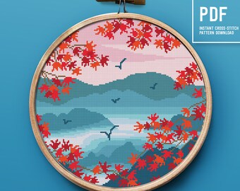 Schema punto croce paesaggio montano, decorazioni per la casa, design moderno a punto croce, schema PDF con download istantaneo