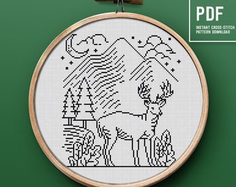 Schema punto croce semplice, schema da ricamo a tema foresta e montagna, schema PDF digitale a download istantaneo