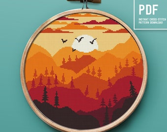 Mountain sunset landscape Cross Stitch Pattern, modern counted cross stitch design, Instant download PDF