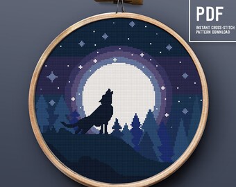 Wolf Modern Cross Stitch Pattern, Starry Night Sky landscape cross stitch design, Embroidery pattern, Instant download PDF, xstitch chart