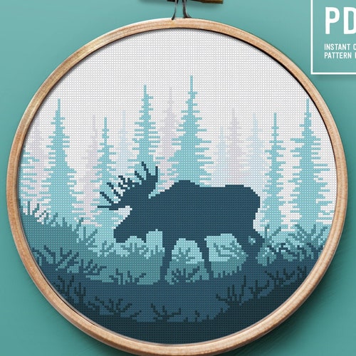 Moose Silhouette Cross Stitch Pattern Forest Theme Counted Etsy