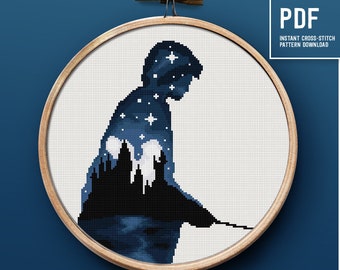 Wizard silhouette cross stitch pattern, starry night counted cross stitch, embroidery pattern, instant download PDF, home decor