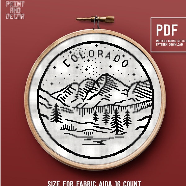 Schema punto croce paesaggio Colorado, schema punto croce facile, ricamo tema montagna, punto croce contato, decorazioni per la casa, schema PDF