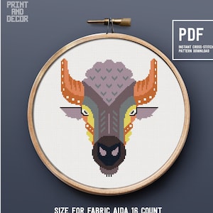 Buffalo animal cross stitch pattern, modern xstitch chart, embroidery pattern, home decor, easy counted cross stitch, instant download PDF