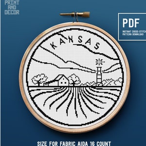 Kansas landscape cross stitch pattern, Easy cross stitch pattern, United States theme embroidery, Home decor, PDF cross-stitch pattern
