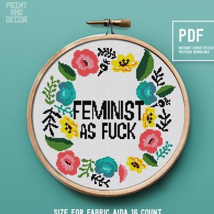 Feminist Cross Stitch Pattern, Colorful Flower Wreath Counted cross stitch chart, Embroidery pattern, Instant download PDF pattern