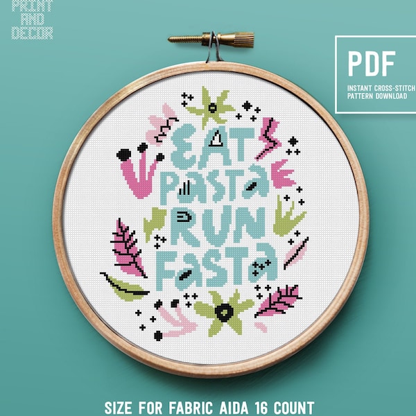 Easy Modern Cross Stitch Pattern, funny text - Eat Pasta Run Fasta, counted cross stitch design, Embroidery pattern PDF cross-stitch