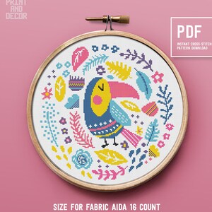 Funny Cross Stitch Pattern, Cute modern cross stitch, Colorful bird counted cross stitch chart, Toucan Embroidery, Instant download PDF
