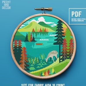 National Park Cross Stitch Pattern, Acadia National Park USA Landscape modern cross stitch chart, Landscape Embroidery, Instant download PDF