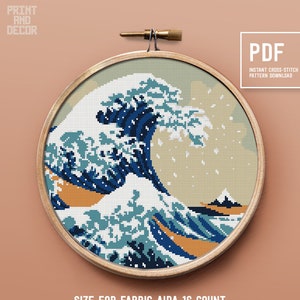 Great Wave Cross Stitch Pattern, modern cross stitch design, The Great Wave off Kanagawa inspired Embroidery pattern, Instant download PDF