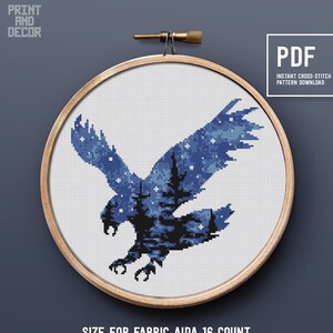 Modèle de point de croix silhouette d'aigle, thème de la nuit étoilée, décoration murale, PDF à télécharger instantanément