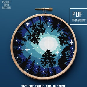 Night sky Modern Cross Stitch Pattern ,Starry night, Forest theme, Embroidery pattern, Instant download PDF xstitch chart, home decor