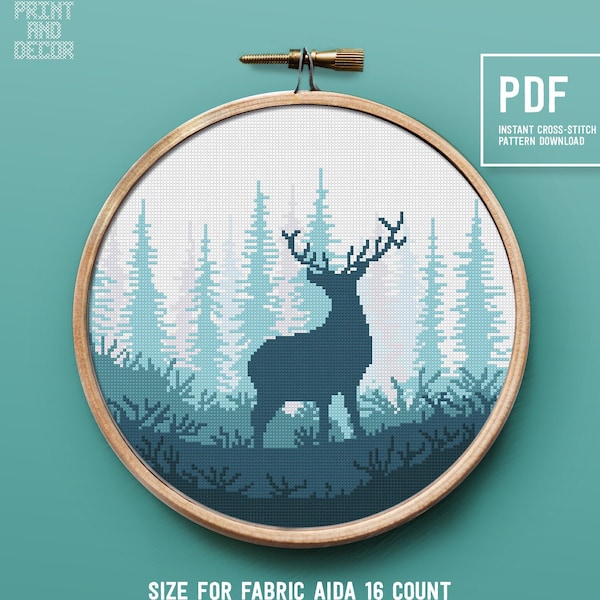 Forest theme Cross Stitch Pattern, Deer animal counted cross stitch design, home decor, Instant download PDF chart
