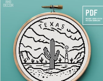 Texas cross stitch pattern, Easy pattern, Cactus embroidery design, Landscape modern counted cross stitch, Home decor, Instant download PDF