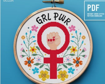 Girl Power Cross Stitch Pattern, Flower theme, Modern feminist embroidery, digital PDF instant download, wall home decor