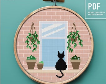 Cat silhouette Cross Stitch Pattern, Cute animal embroidery pattern, home decor, Instant download PDF chart