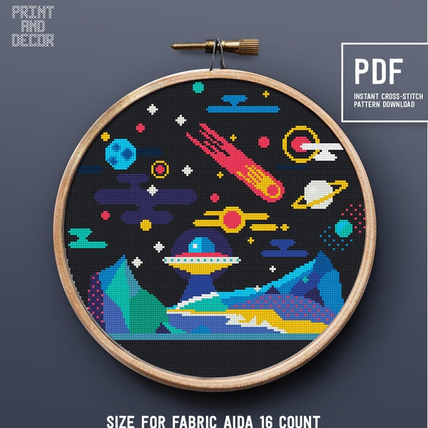 Colorful  Modern Cross Stitch Pattern with galaxy, universe and space theme, UFO, stars, sky, Punto de cruz, xstitch Instant download PDF