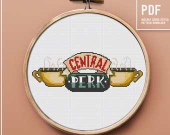 Central Perk cross stitch pattern, Fan art inspired design, Friends TV show, easy embroidery chart, instant download PDF, gift idea