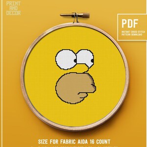 Könnte beinhalten: PDF-Download eines Kreuzstich-Musters eines gelben Charakters mit großen Augen und einem braunen Gesicht. Das Muster ist für Aida 16-Zählstoff und benötigt einen 15-18 cm großen Rahmen. Es verwendet 4 Farben und ist 55 Stiche breit und 74 Stiche hoch.