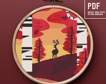 Modern cross stitch pattern Deer in the forest animal autumn leaf landscape nature hoop art DIY embroidery home decor download PDF pattern