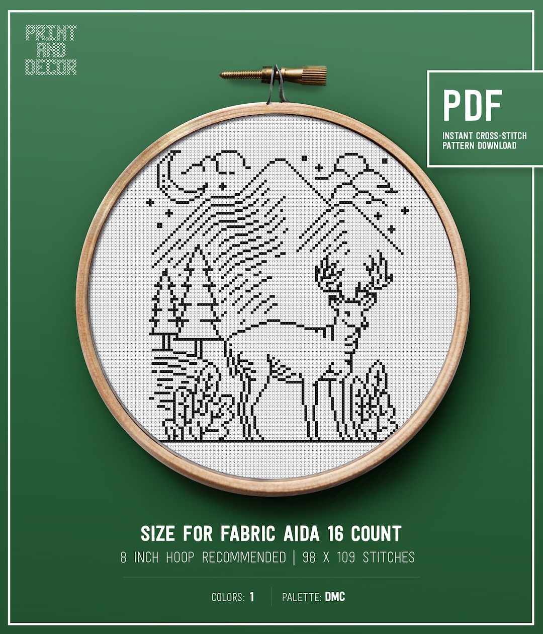 Easy Cross Stitch Pattern, Forest and Mountain Theme Embroidery Chart ...