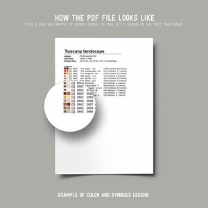 May include: A PDF file showing a color and symbol legend for a cross-stitch pattern of a Tuscany landscape. The legend includes DMC thread colors and stitch counts. The design area is 143x163 stitches, or 22.79 cm x 25.70 cm.