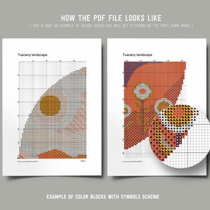 May include: A digital PDF file showing a cross-stitch pattern for a Tuscany landscape. The pattern is shown in color blocks with symbols. The title of the pattern is "Tuscany landscape".