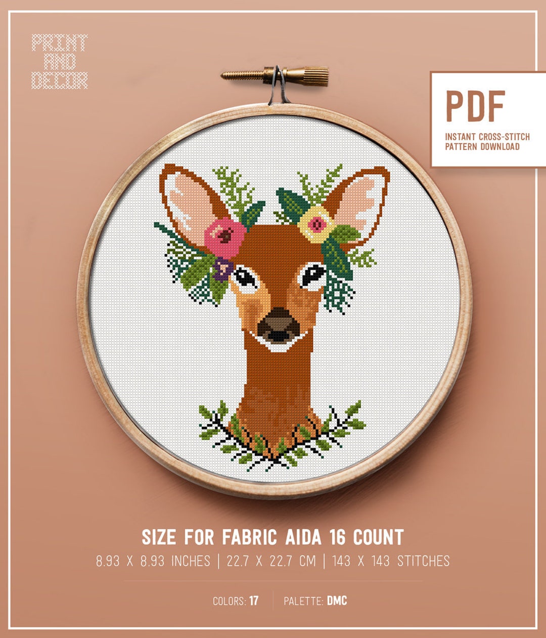 Cute Deer Animal Modern Cross Stitch PDF Pattern Ready for Instant ...