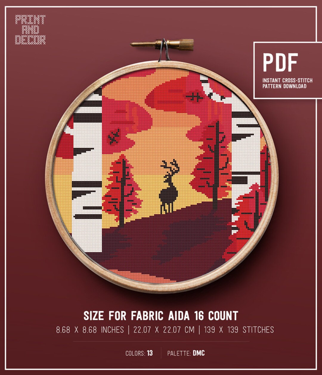 Modern Cross Stitch Pattern Deer in the Forest Animal Autumn Leaf ...