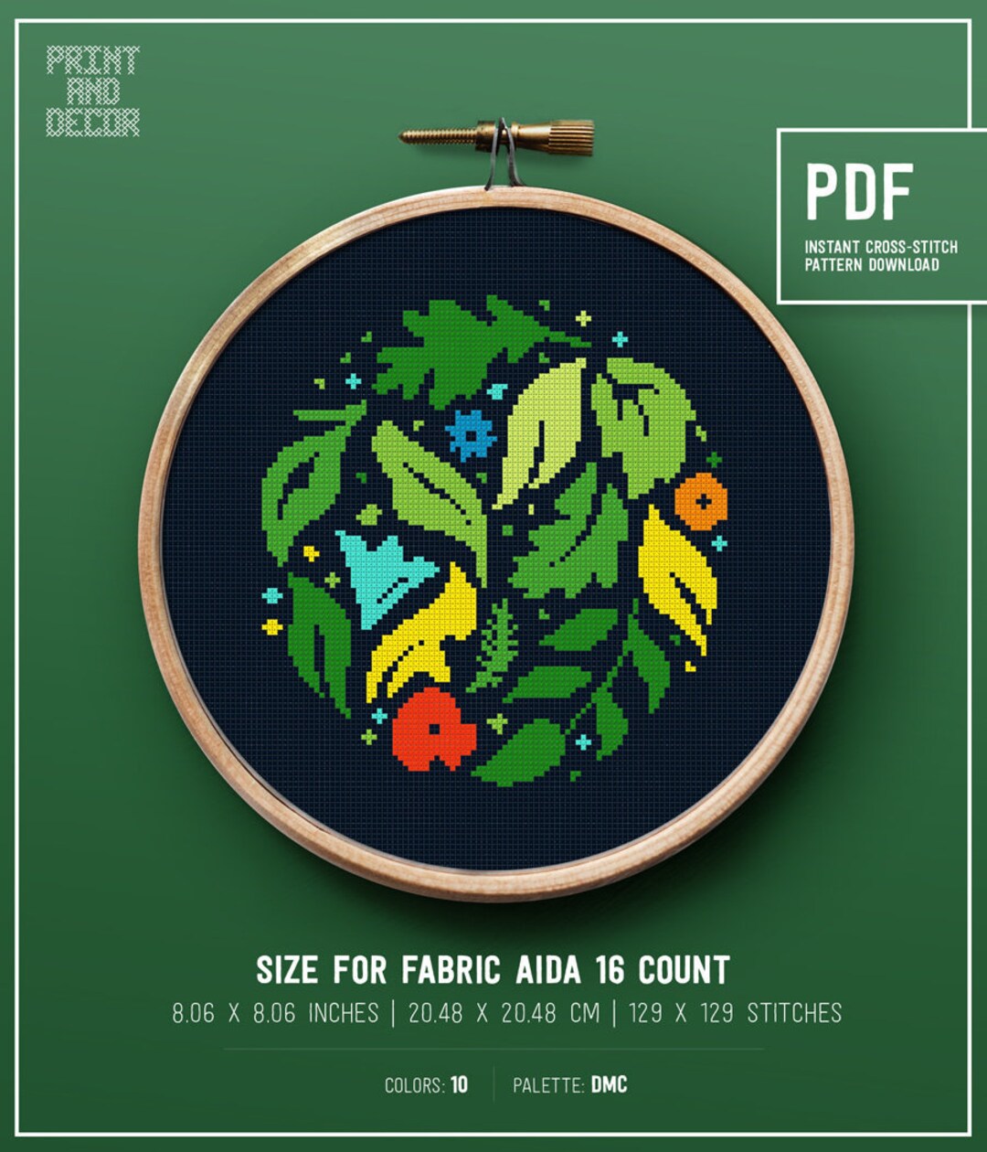 Nature Theme Cross Stitch Pattern With Green Leafs and Flowers, Spring ...