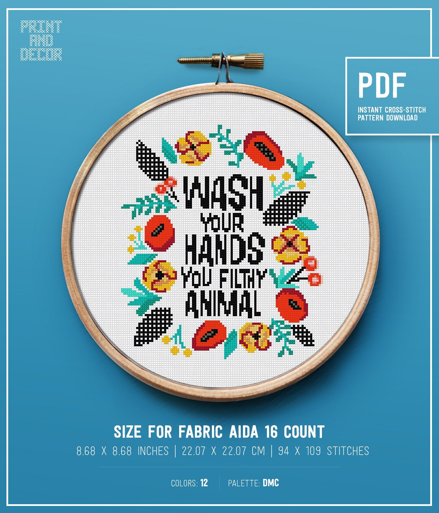 Wash Your Hands You Filthy Animal Cross Stitch Pattern, Subversive Counted cross stitch design, Funny Embroidery pattern, PDF chart