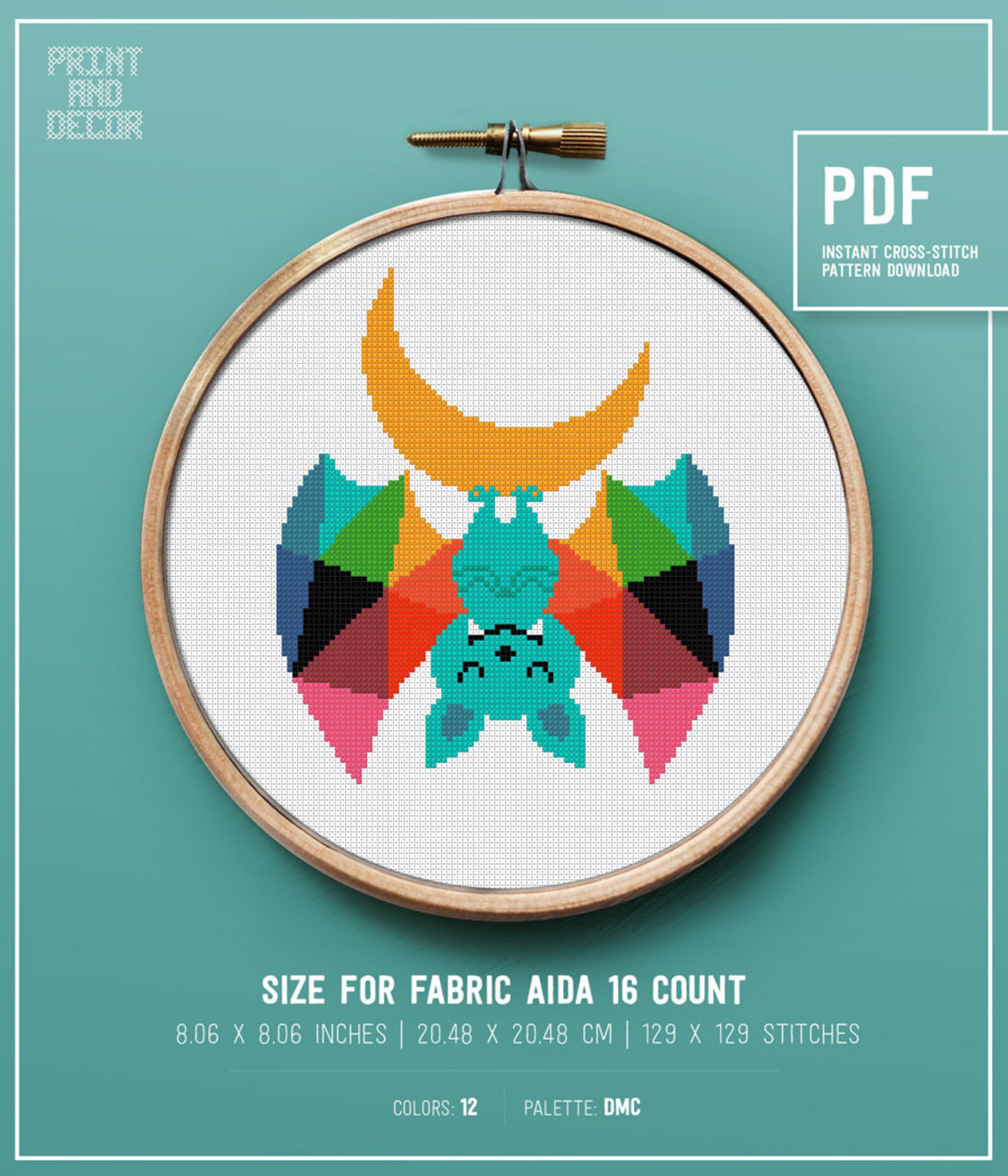 Colorful Bat Modern Cross Stitch Pattern Halloween Animal Handmade ...