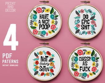 Funny and subversive Cross Stitch Pattern, Bundle set, Embroidery design, Instant download PDF chart