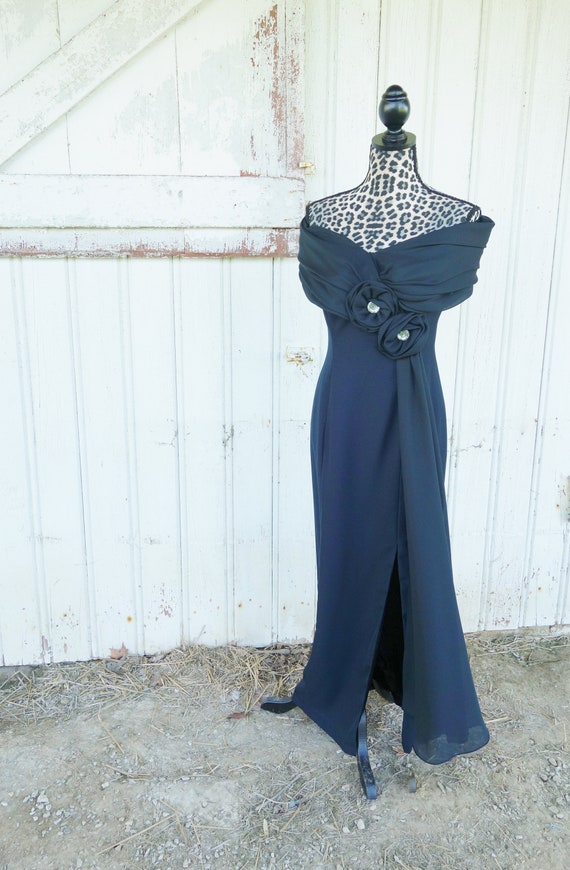 1970s Black Dress with 2 Rhinestone Rosettes - Of… - image 1