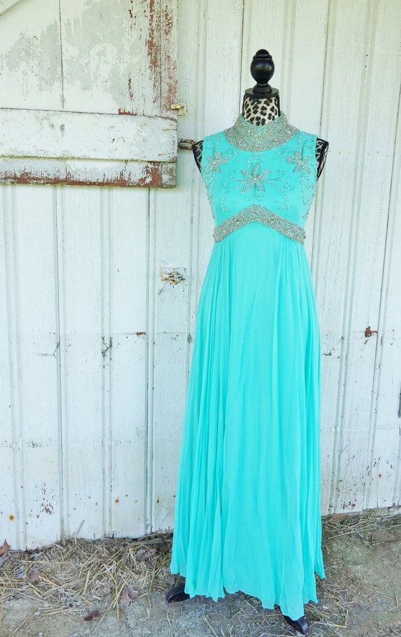 Vintage 1960s Aquamarine Beaded Evening Gown