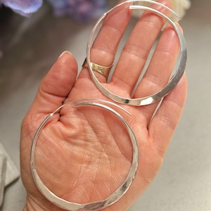 6.5cm Silver Hoop Earrings | Oversized Hammered Effect Hoops | Lightweight Statement Silver Plated Earrings