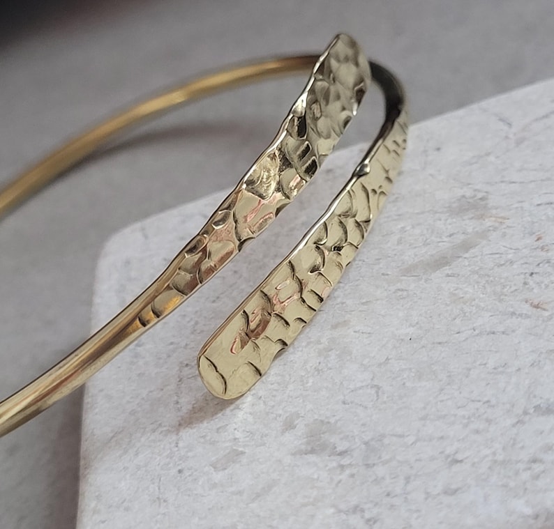 Hammered Brass Bangle Bracelet – Adjustable Minimalist Gold Finish Jewelry image 7