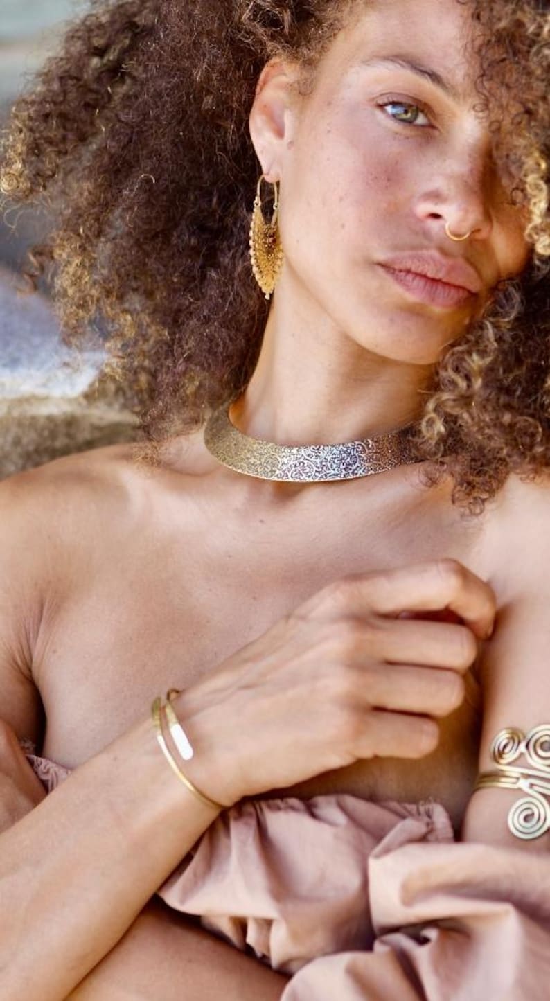 Hammered Brass Bangle Bracelet – Adjustable Minimalist Gold Finish Jewelry image 2